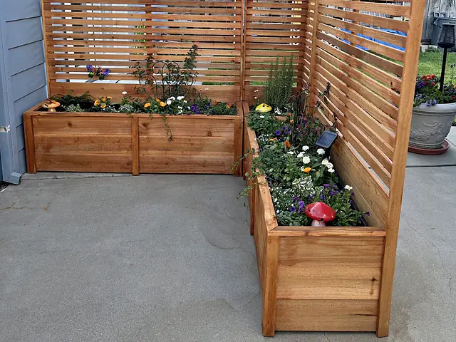Cedar planter boxes with a horizontal slat privacy screen on a patio